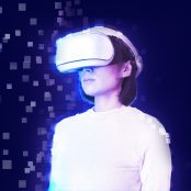 Woman in VR headset in pixel dispersion style